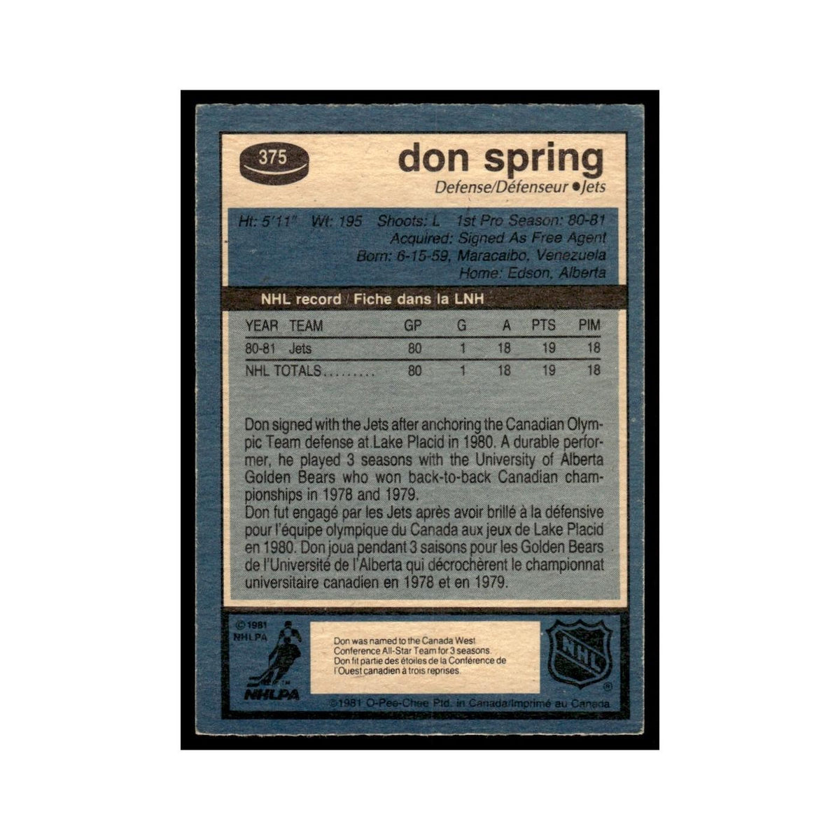 Don Spring Rookie 1981 O-Pee-Chee #375 Winnipeg Jets Hockey Card EX