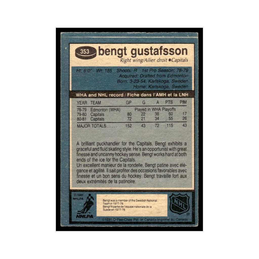 Bengt Gustafsson 1981 O-Pee-Chee #353 Washington Capitals Hockey Card EX