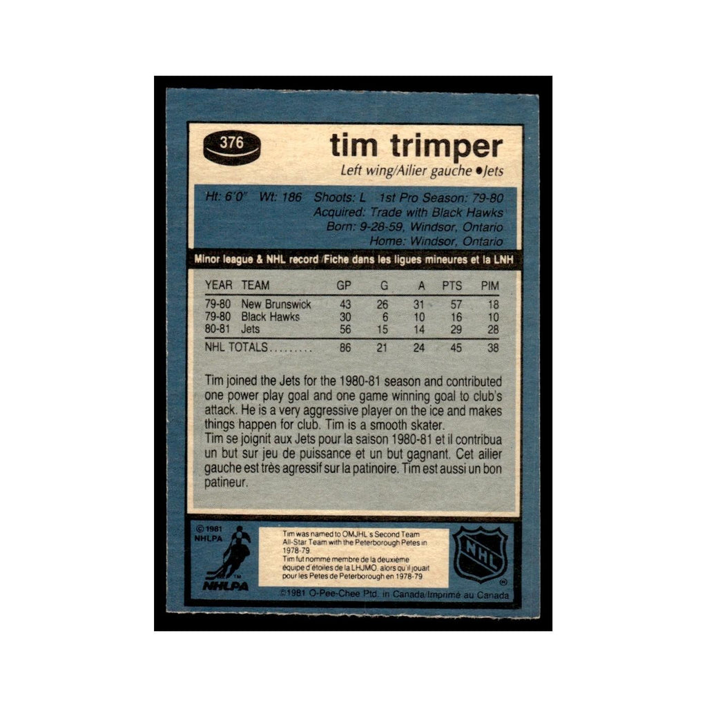 Tim Trimper 1981 O-Pee-Chee #376 Winnipeg Jets Hockey Card EX