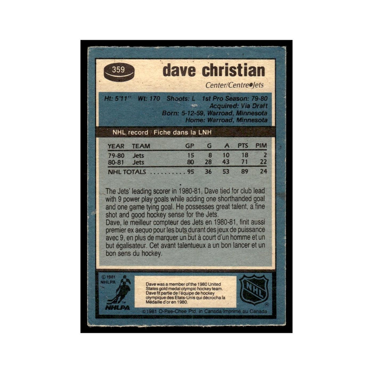 Dave Christian 1981 O-Pee-Chee #359 Winnipeg Jets Hockey Card EX