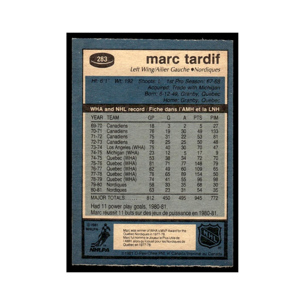 Marc Tardif 1981 O-Pee-Chee #283 Quebec Nordiques Hockey Card EX