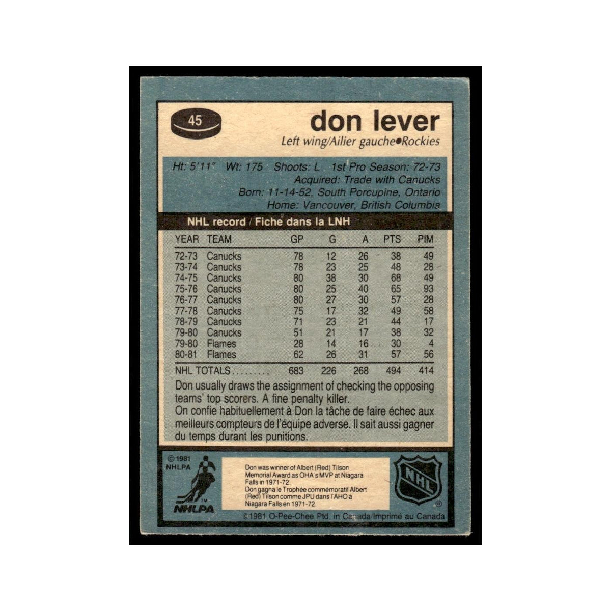 Don Lever 1981 O-Pee-Chee #45 Colorado Rockies Hockey Card EX