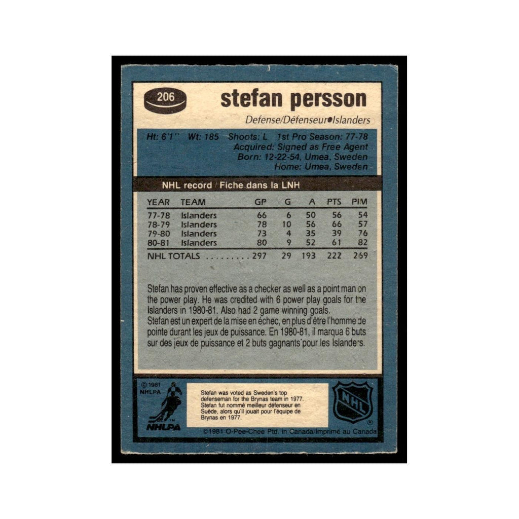 Stefan Persson 1981 O-Pee-Chee #206 New York Islanders Hockey Card EX