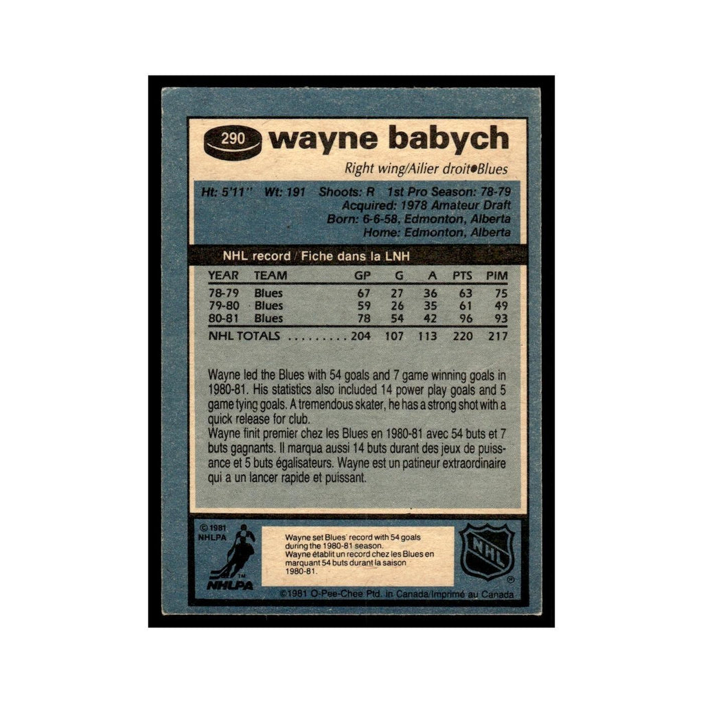 Wayne Babych 1981 O-Pee-Chee #290 St. Louis Blues Hockey Card EX