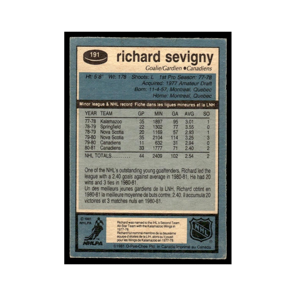 Richard Sevigny 1981 O-Pee-Chee #191 Montreal Canadiens Hockey Card EX
