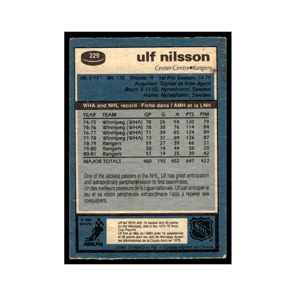Ulf Nilsson 1981 O-Pee-Chee #229 New York Rangers Hockey Card EX