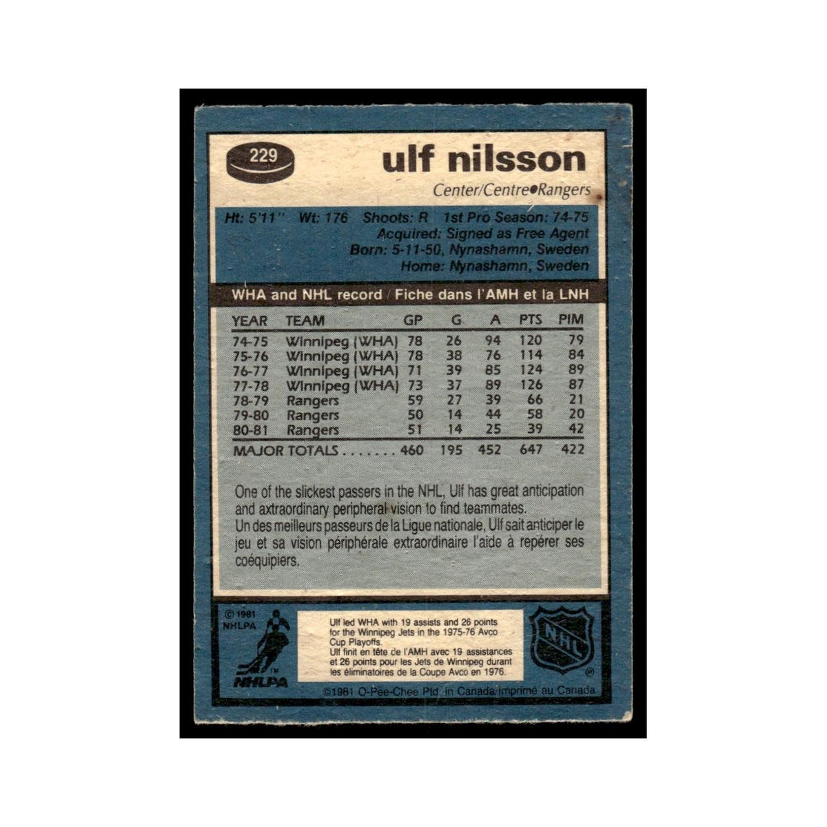 Ulf Nilsson 1981 O-Pee-Chee #229 New York Rangers Hockey Card EX