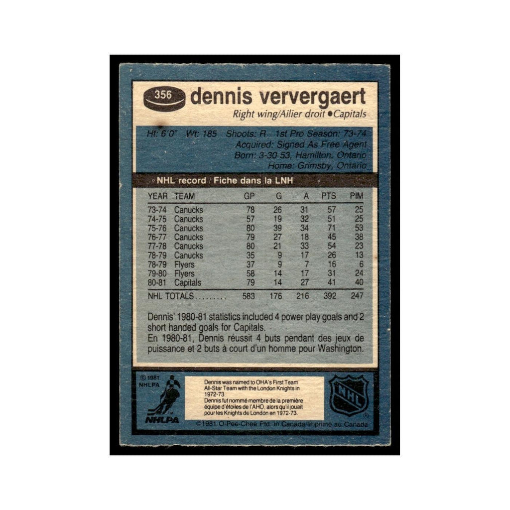 Dennis Ververgaert 1981 O-Pee-Chee #356 Washington Capitals Hockey Card EX