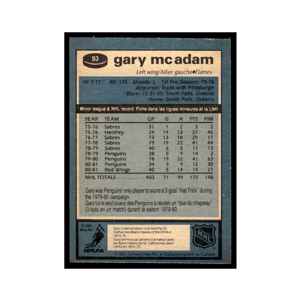 Gary McAdam 1981 O-Pee-Chee #93 Calgary Flames Hockey Card EX