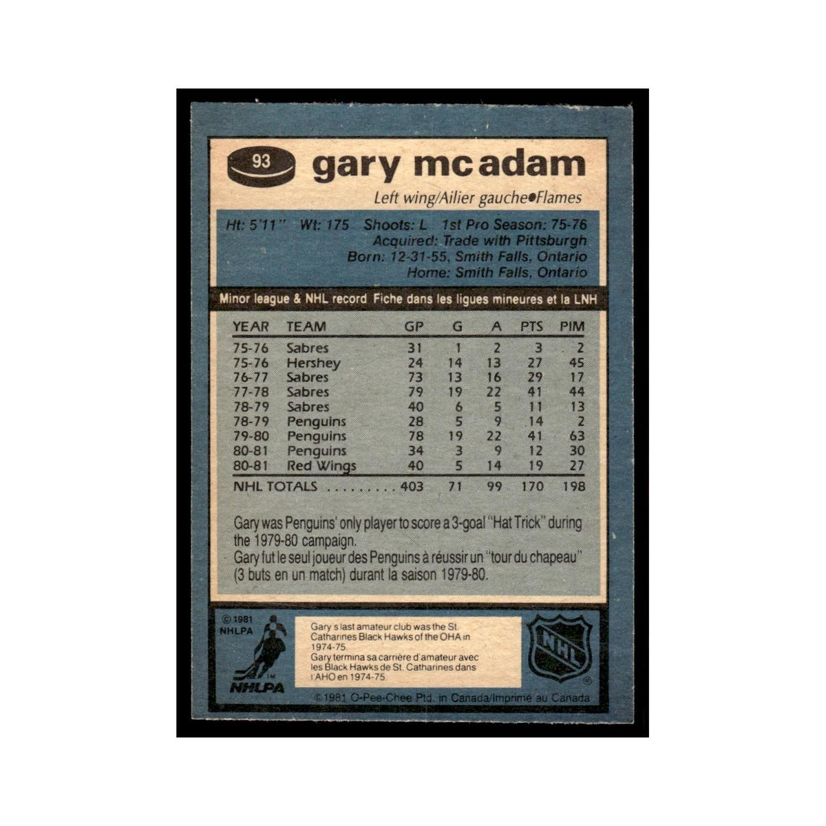 Gary McAdam 1981 O-Pee-Chee #93 Calgary Flames Hockey Card EX
