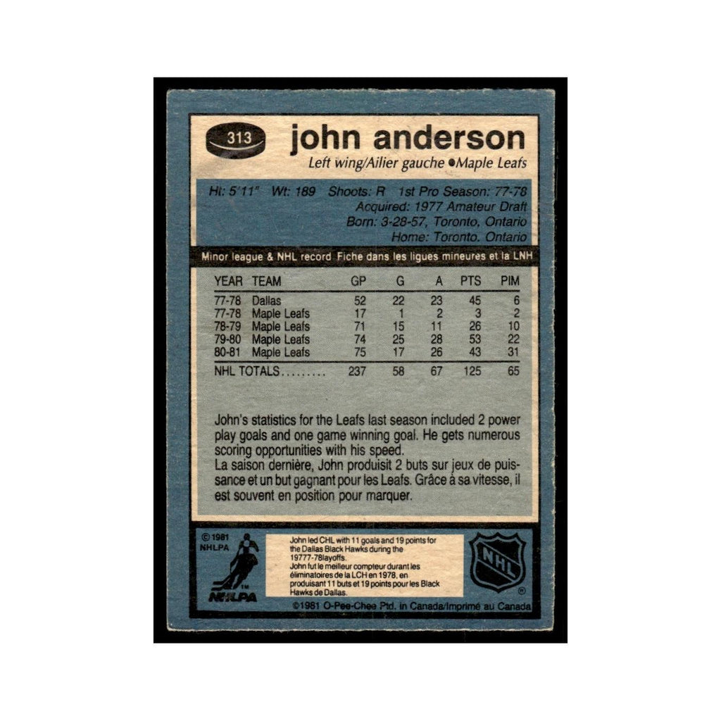 John Anderson 1981 O-Pee-Chee #313 Toronto Maple Leafs Hockey Card EX