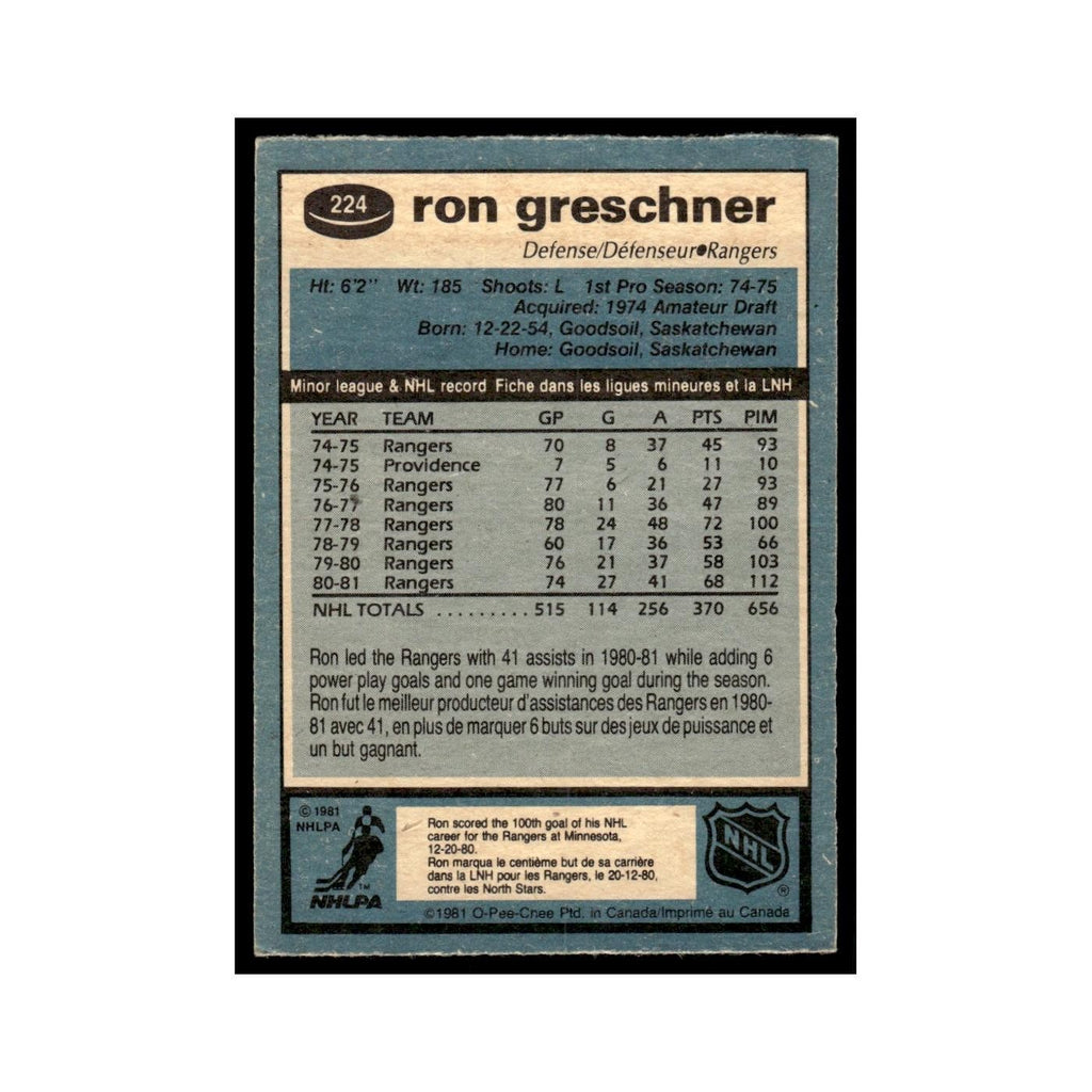 Ron Greschner 1981 O-Pee-Chee #224 New York Rangers Hockey Card EX