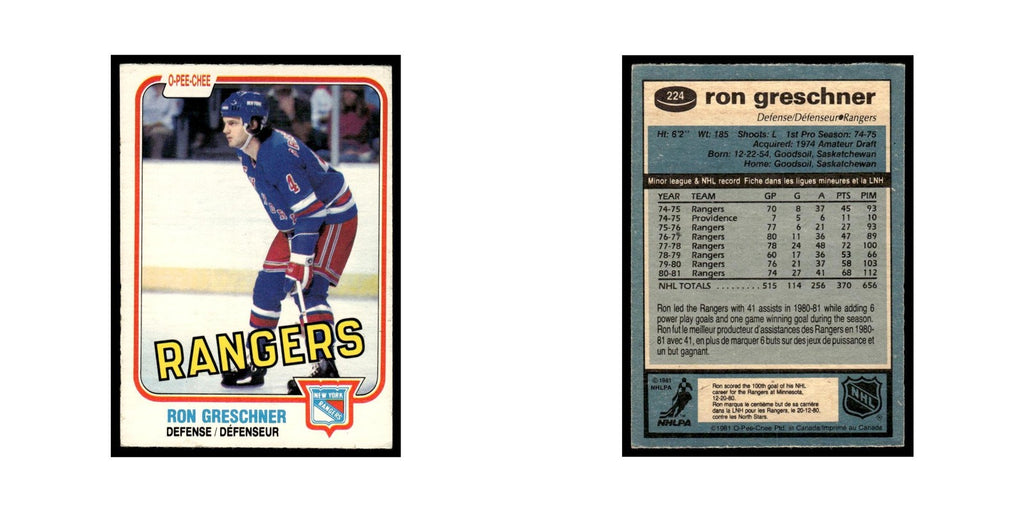 Ron Greschner 1981 O-Pee-Chee #224 New York Rangers Hockey Card EX