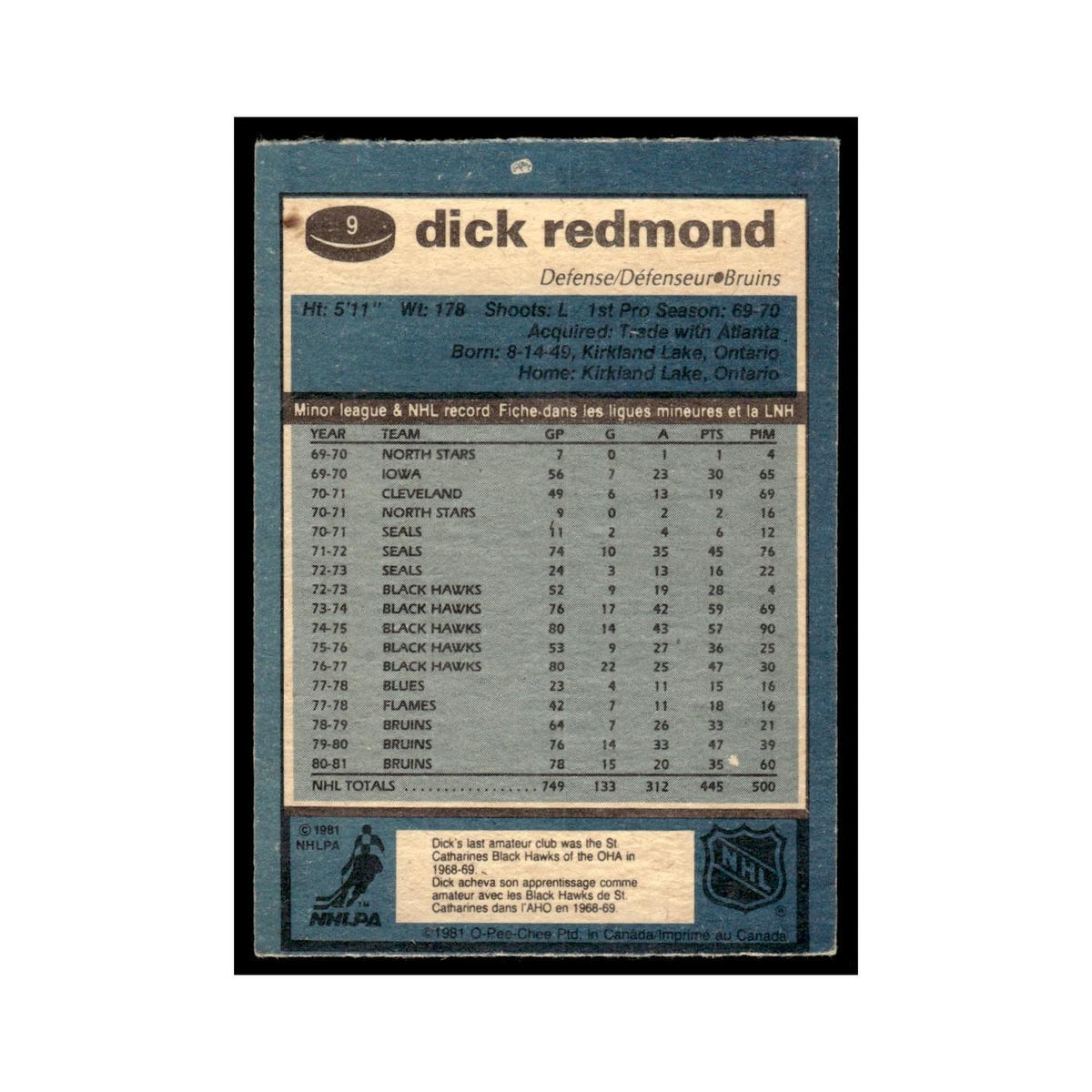 Dick Redmond 1981 O-Pee-Chee #9 Boston Bruins Hockey Card EX