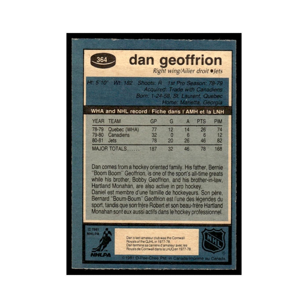Dan Geoffrion Rookie 1981 O-Pee-Chee #364 Winnipeg Jets Hockey Card EX