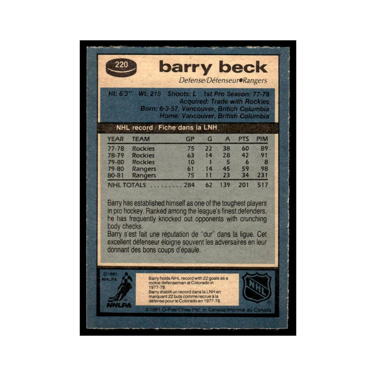 Barry Beck 1981 O-Pee-Chee #220 New York Rangers Hockey Card EX