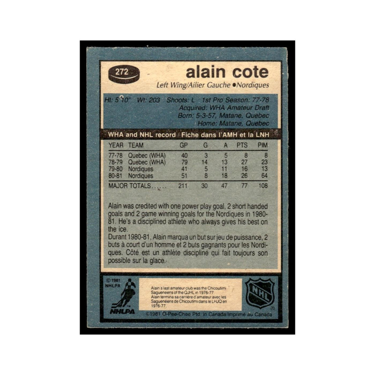Alain Cote 1981 O-Pee-Chee #272 Quebec Nordiques Hockey Card EX
