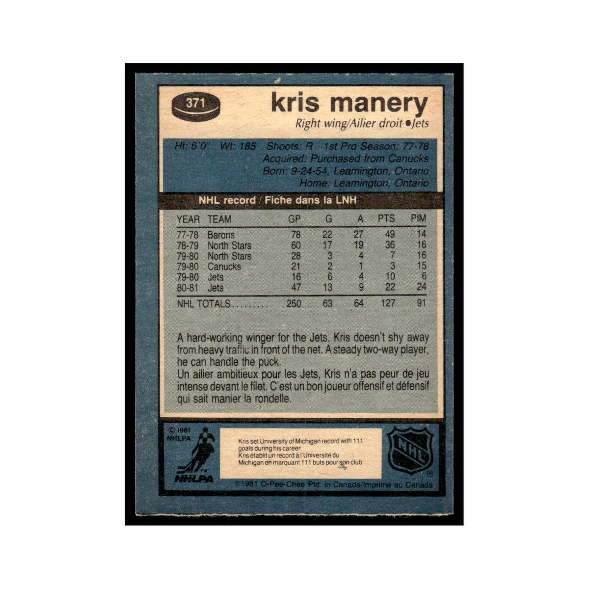 Kris Manery 1981 O-Pee-Chee #371 Winnipeg Jets Hockey Card EX