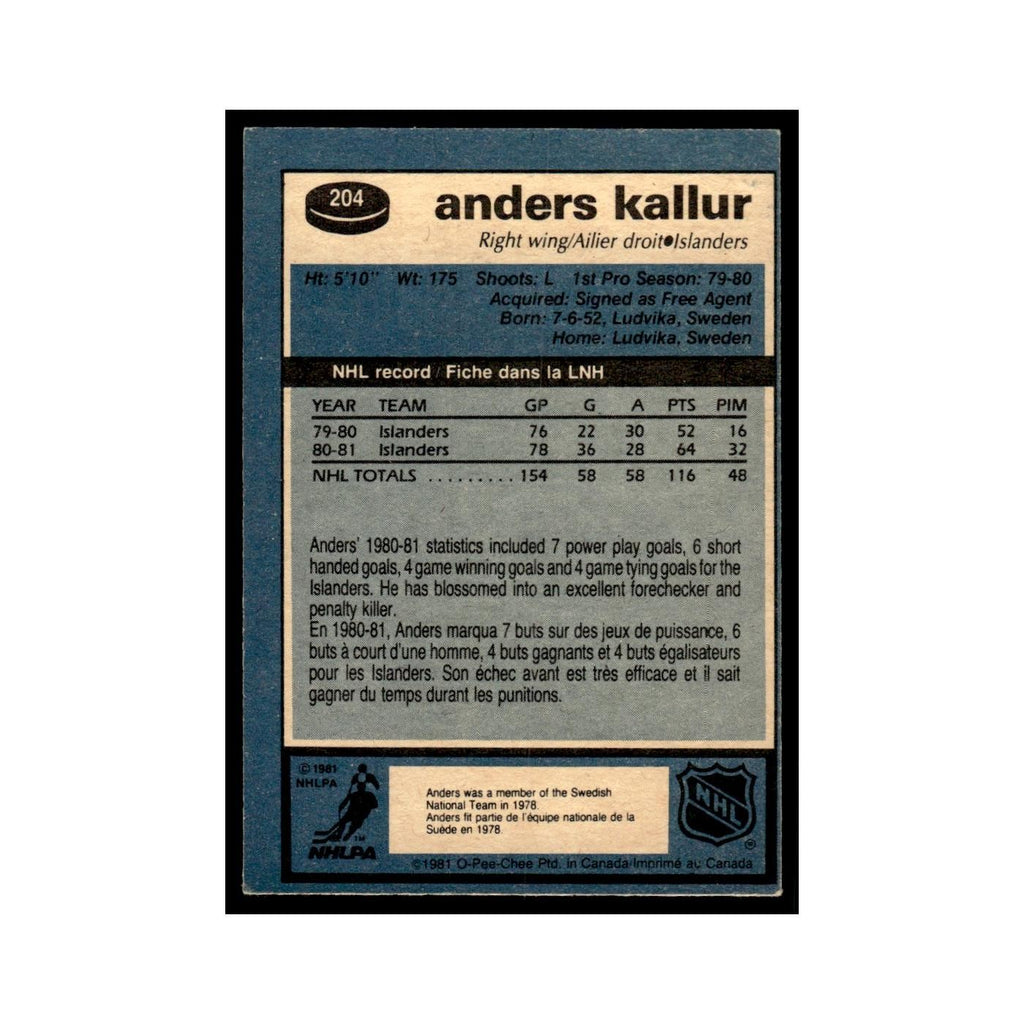 Anders Kallur 1981 O-Pee-Chee #204 New York Islanders Hockey Card EX