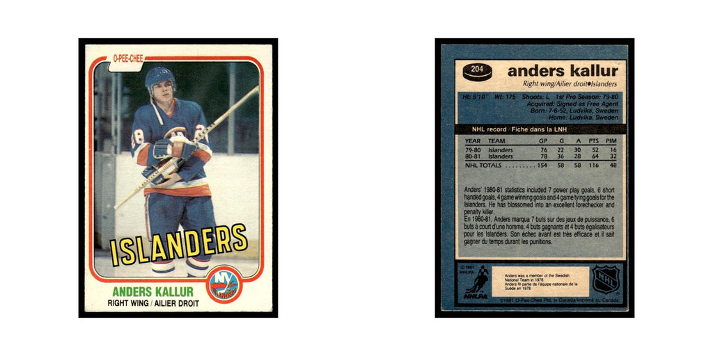 Anders Kallur 1981 O-Pee-Chee #204 New York Islanders Hockey Card EX