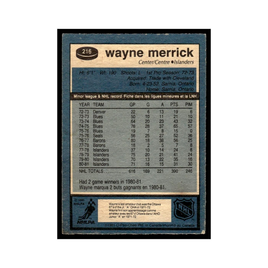 Wayne Merrick 1981 O-Pee-Chee #216 New York Islanders Hockey Card EX