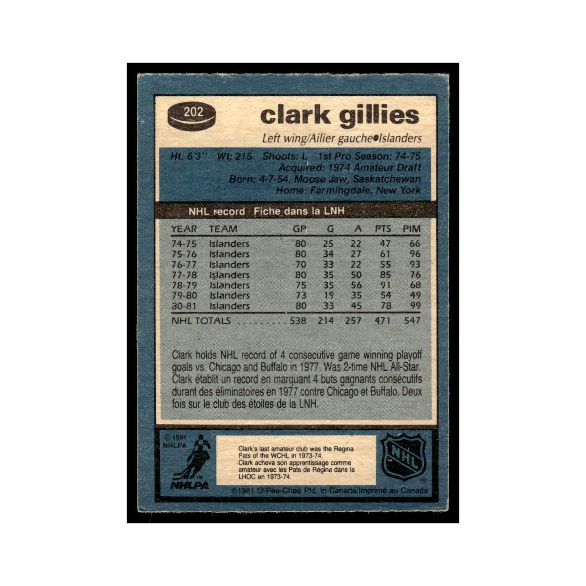Clark Gillies 1981 O-Pee-Chee #202 New York Islanders Hockey Card EX