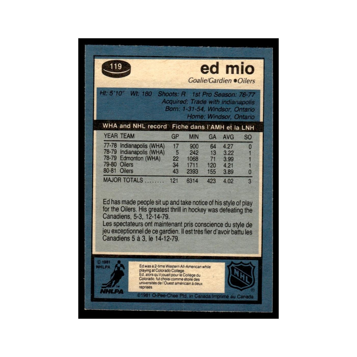 Eddie Mio 1981 O-Pee-Chee #119 Edmonton Oilers Hockey Card EX