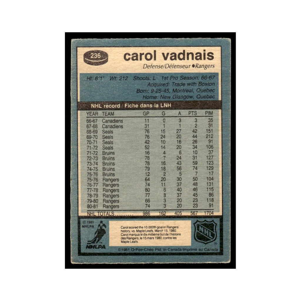 Carol Vadnais 1981 O-Pee-Chee #236 New York Rangers Hockey Card EX