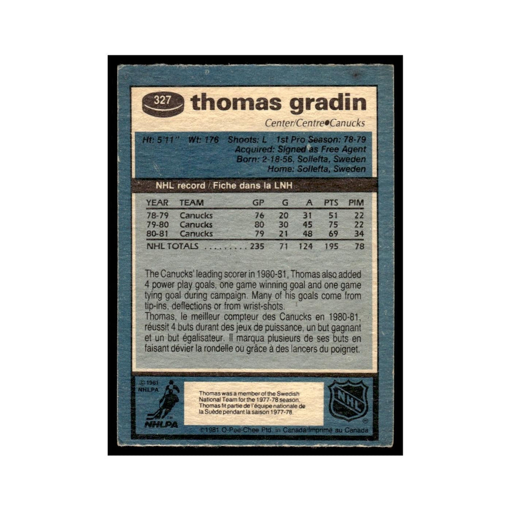 Thomas Gradin 1981 O-Pee-Chee #327 Vancouver Canucks Hockey Card EX