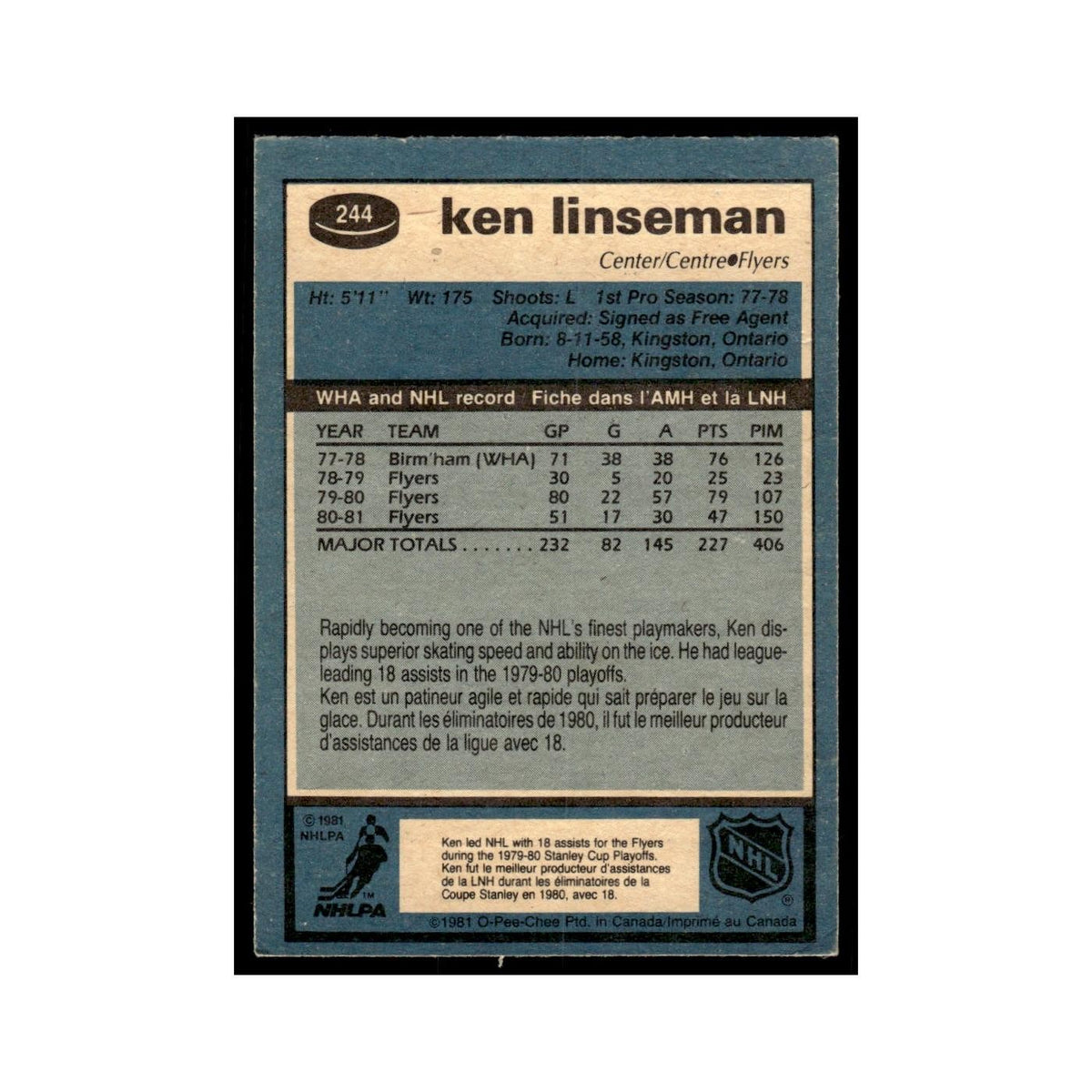 Ken Linseman 1981 O-Pee-Chee #244 Philadelphia Flyers Hockey Card EX