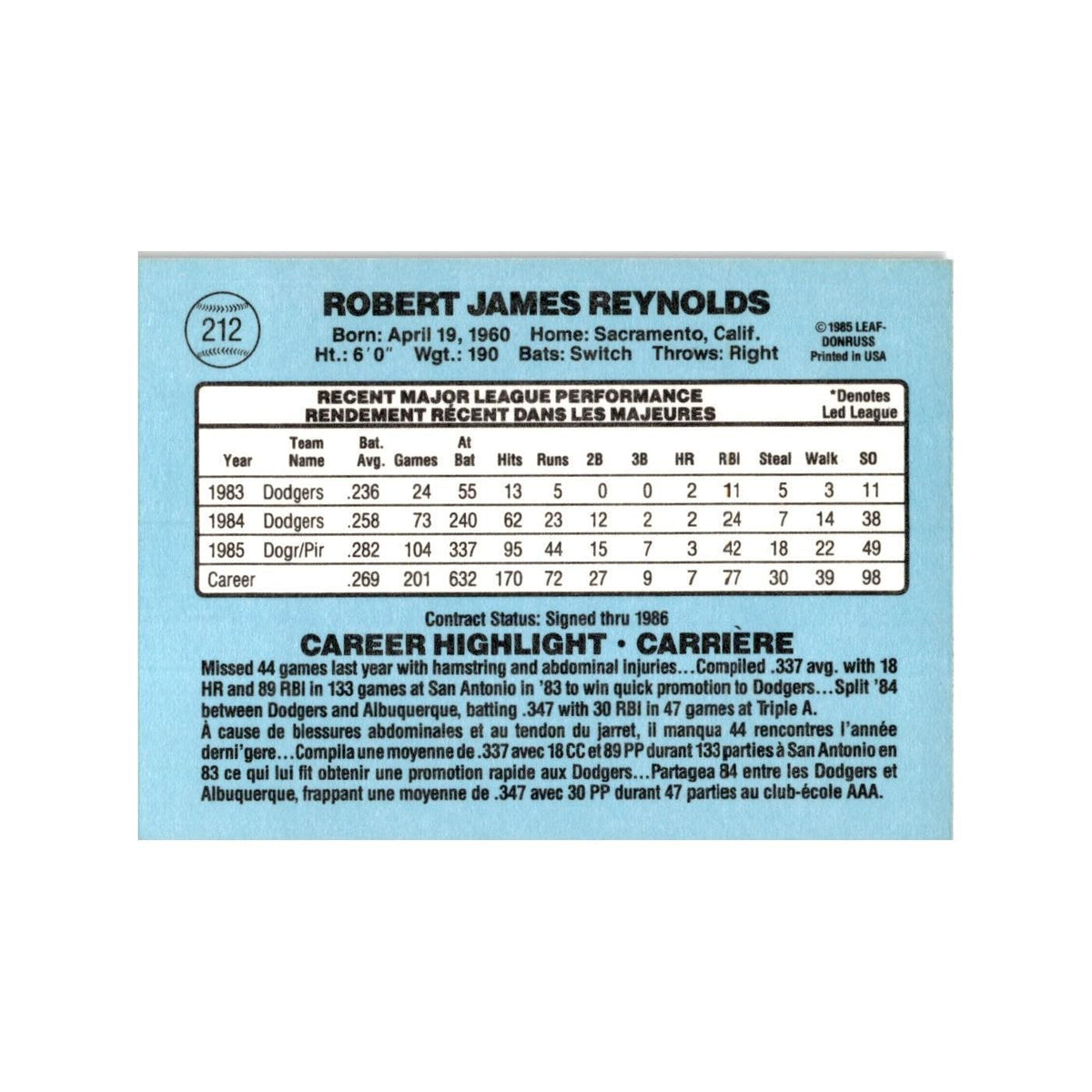 R.J. Reynolds 1986 Leaf #212 Pittsburgh Pirates Baseball Card NM