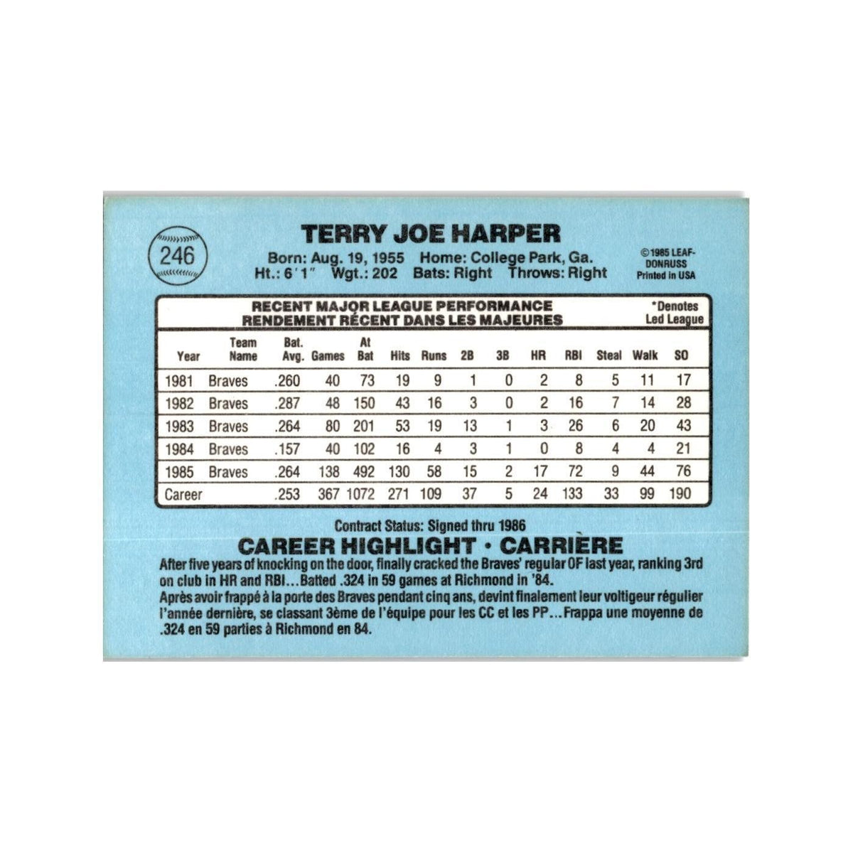 Terry Harper 1986 Leaf #246 Atlanta Braves Baseball Card NM