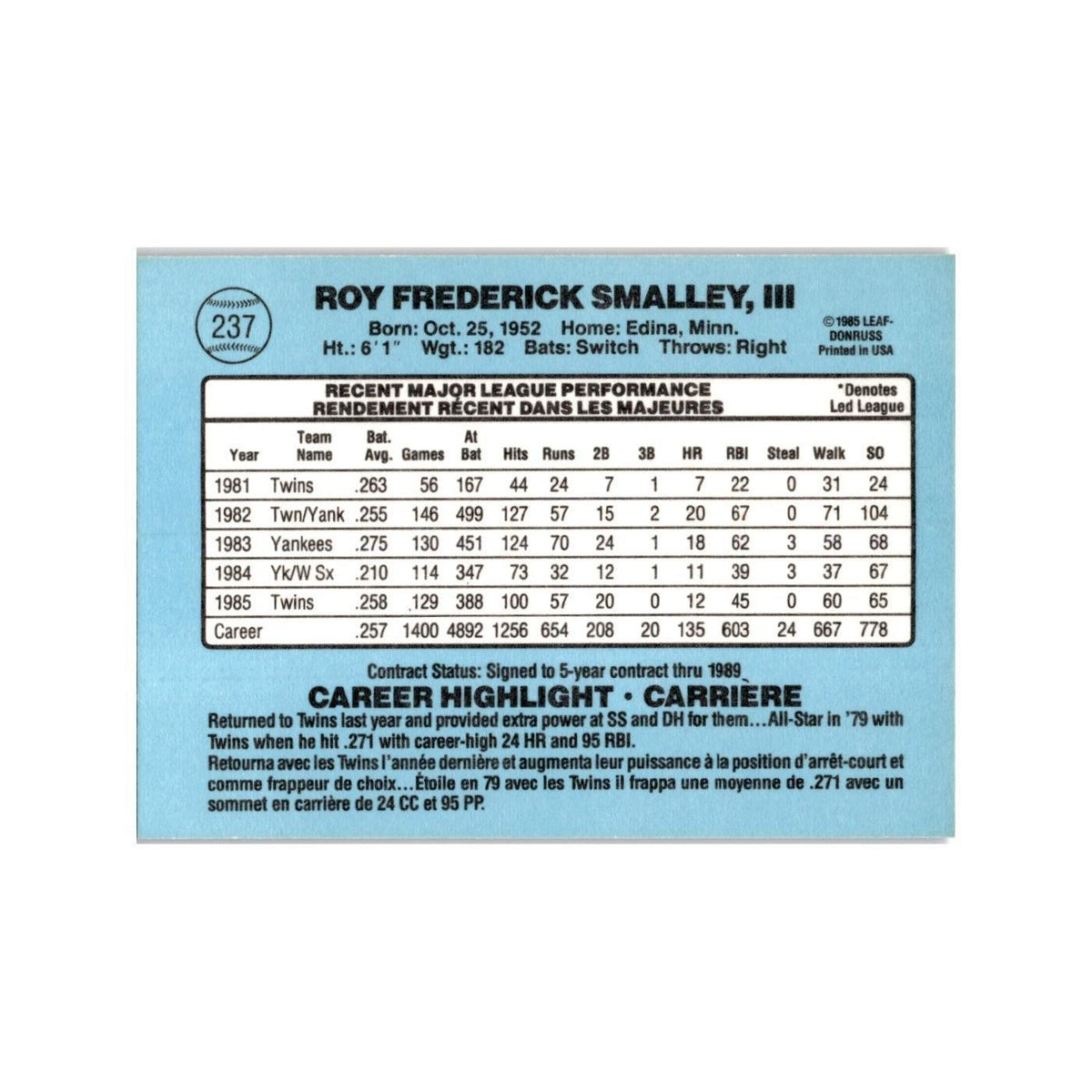 Roy Smalley 1986 Leaf #237 Minnesota Twins Baseball Card NM