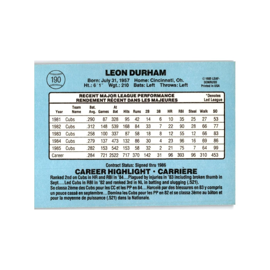 Leon Durham 1986 Leaf #190 Chicago Cubs Baseball Card NM