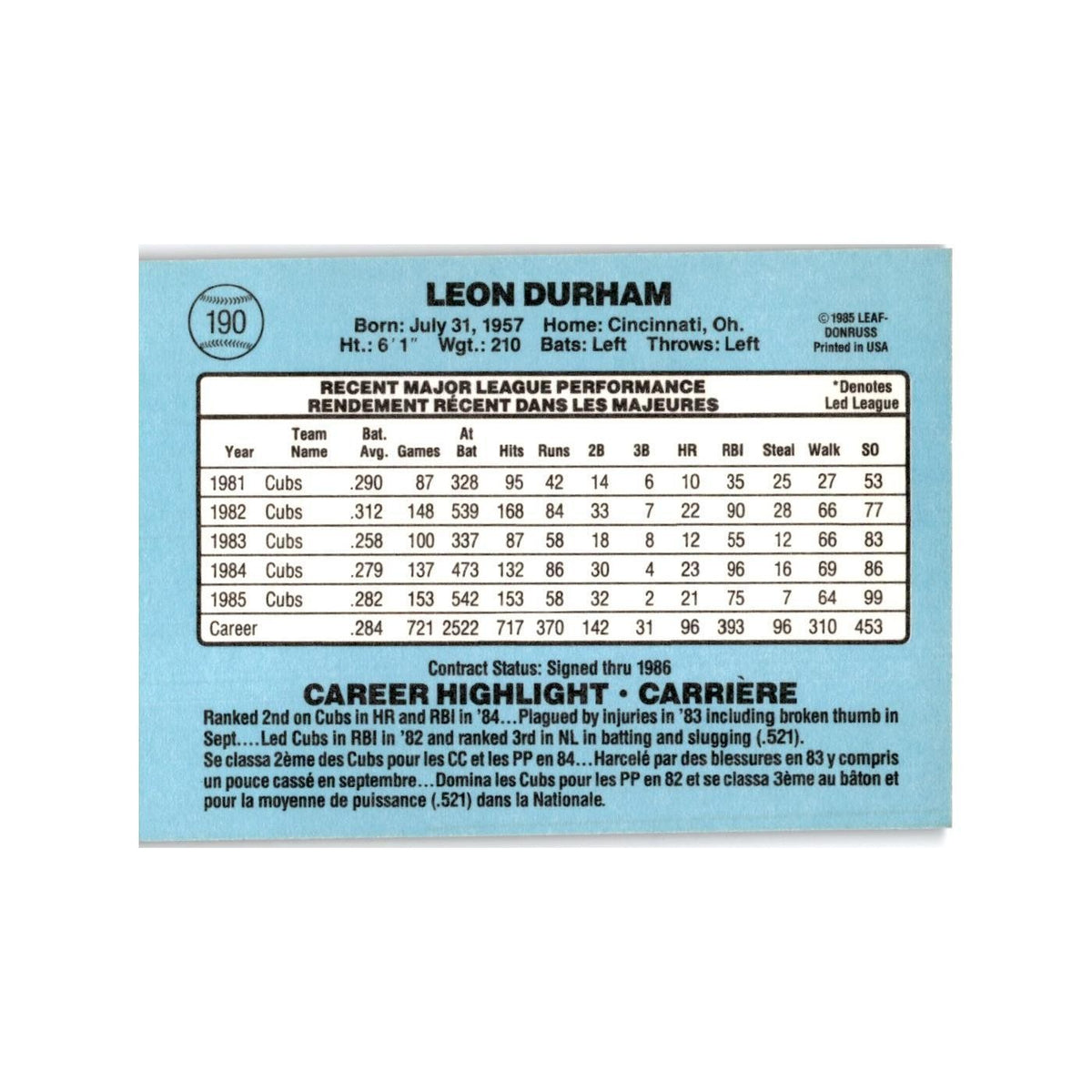 Leon Durham 1986 Leaf #190 Chicago Cubs Baseball Card NM