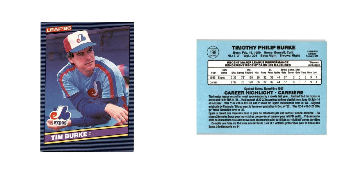 Tim Burke Rookie 1986 Leaf #198 Montreal Expos Baseball Card NM