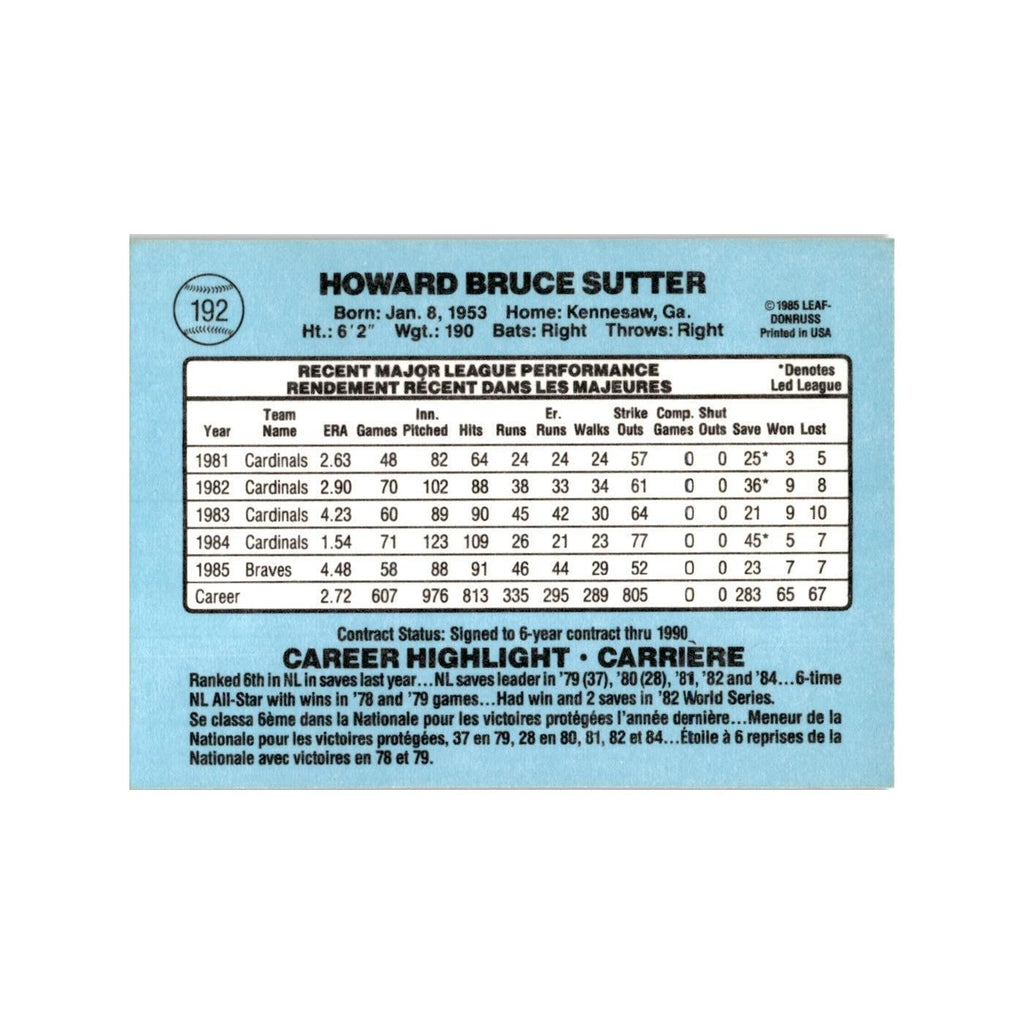 Bruce Sutter 1986 Leaf #192 Atlanta Braves Baseball Card NM