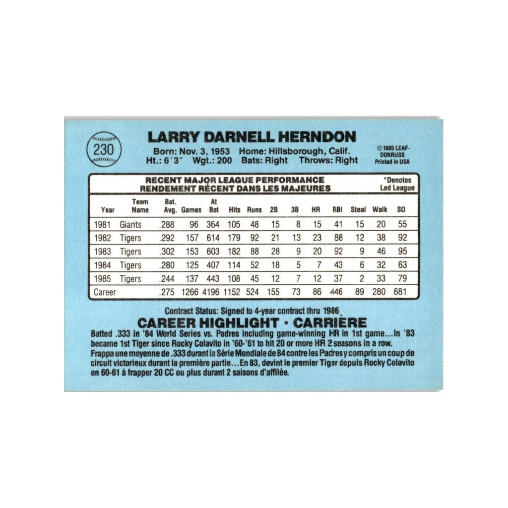 Larry Herndon 1986 Leaf #230 Detroit Tigers Baseball Card NM
