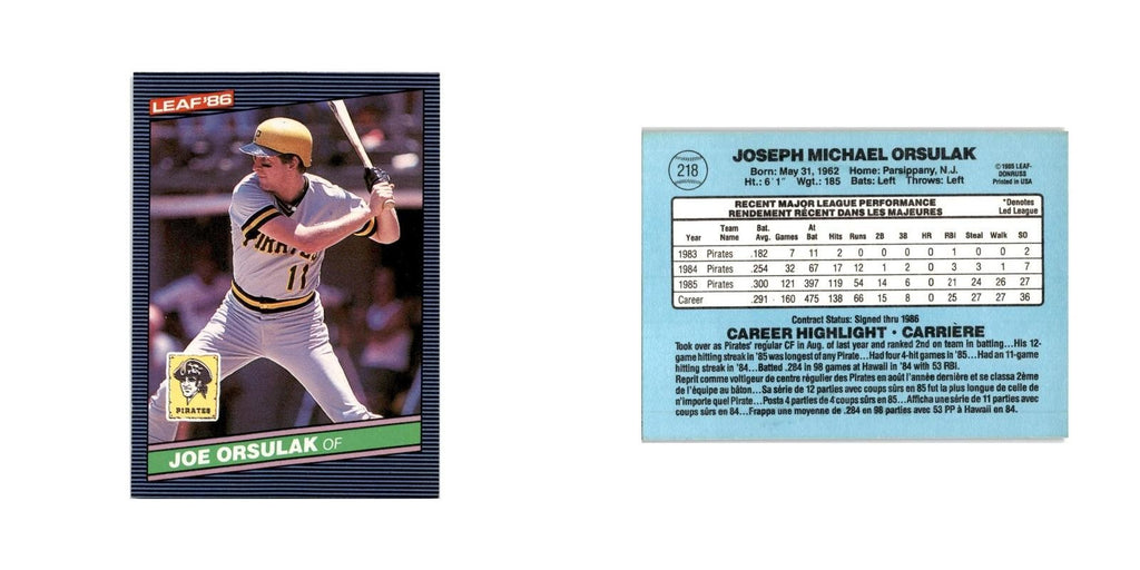 Joe Orsulak Rookie 1986 Leaf #218 Pittsburgh Pirates Baseball Card NM