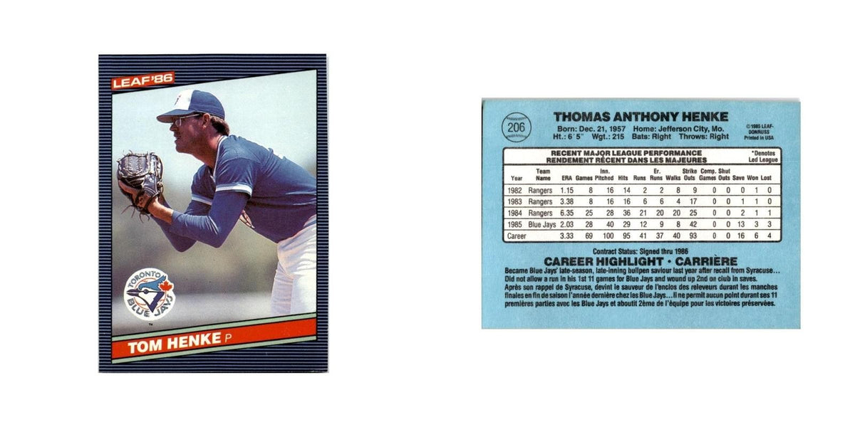 Tom Henke 1986 Leaf #206 Toronto Blue Jays Baseball Card NM