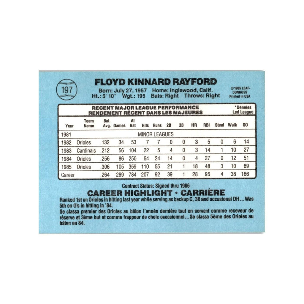 Floyd Rayford 1986 Leaf #197 Baltimore Orioles Baseball Card NM