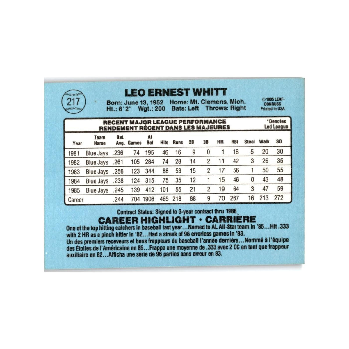 Ernie Whitt 1986 Leaf #217 Toronto Blue Jays Baseball Card NM