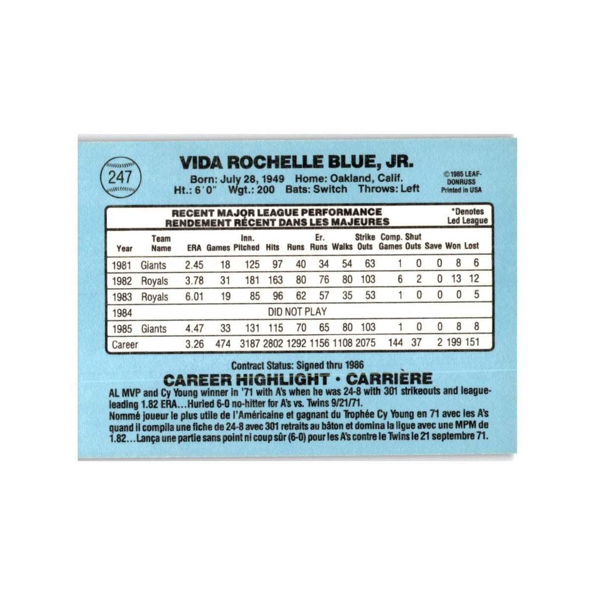 Vida Blue 1986 Leaf #247 San Francisco Giants Baseball Card NM