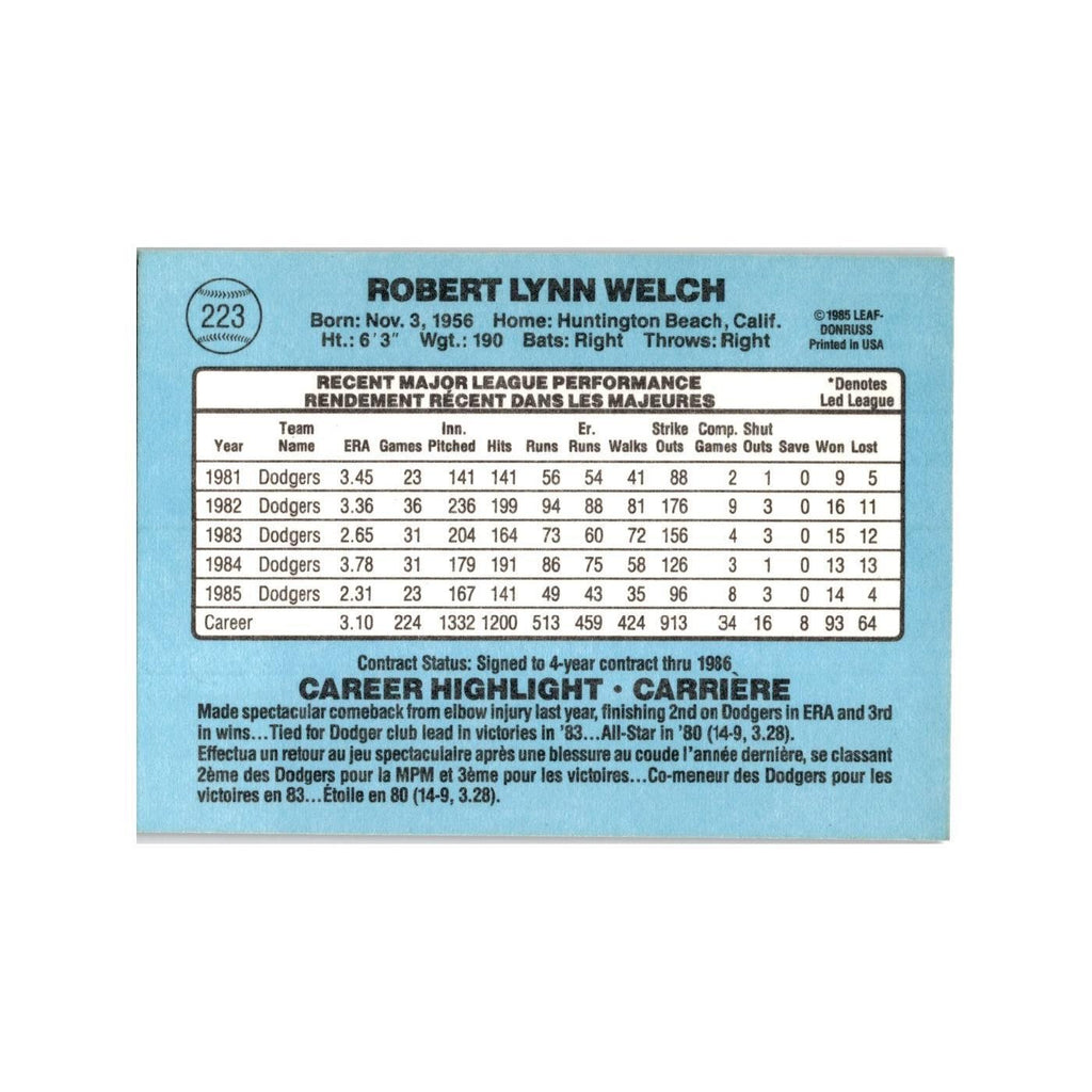 Bob Welch 1986 Leaf #223 Los Angeles Dodgers Baseball Card NM
