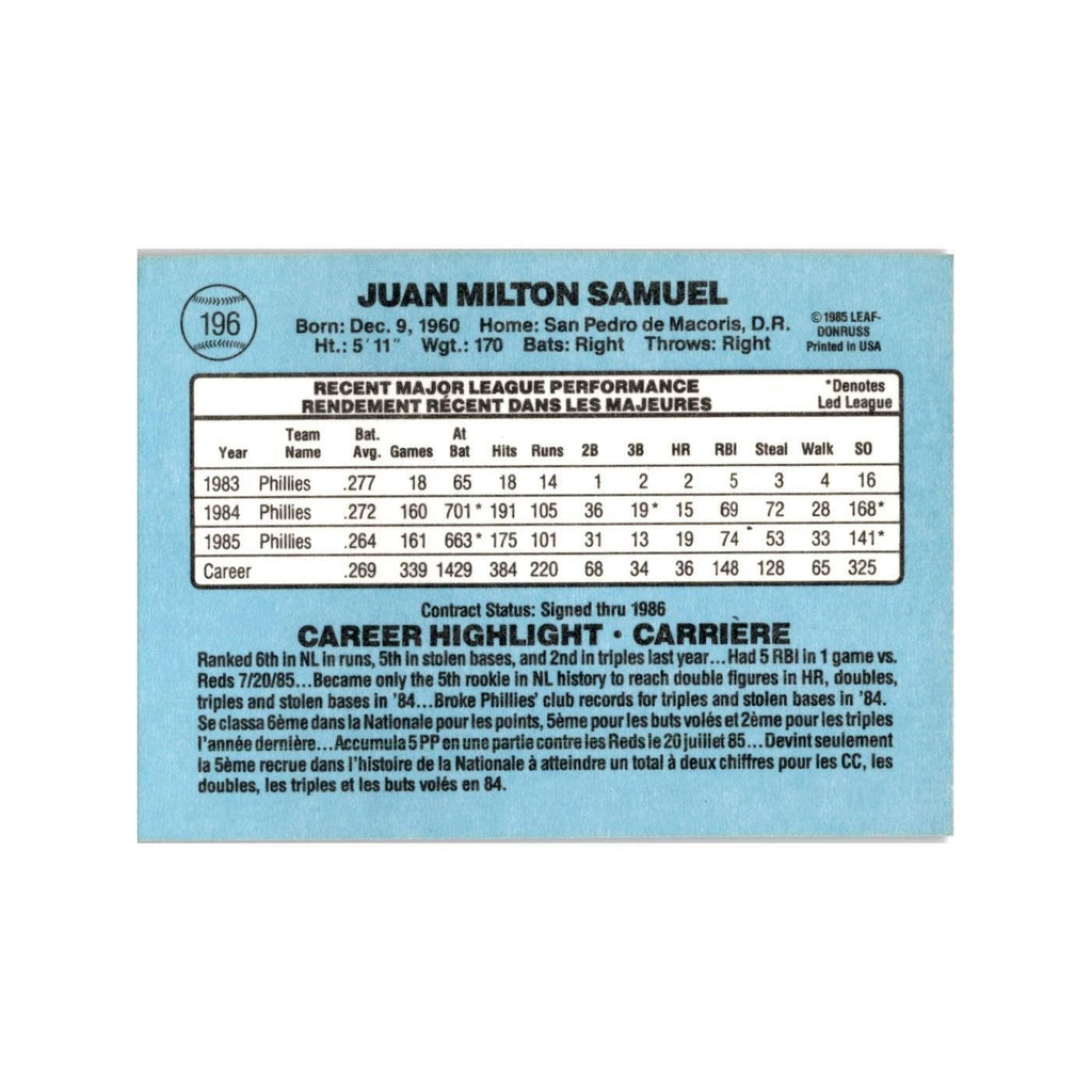 Juan Samuel 1986 Leaf #196 Philadelphia Phillies Baseball Card NM