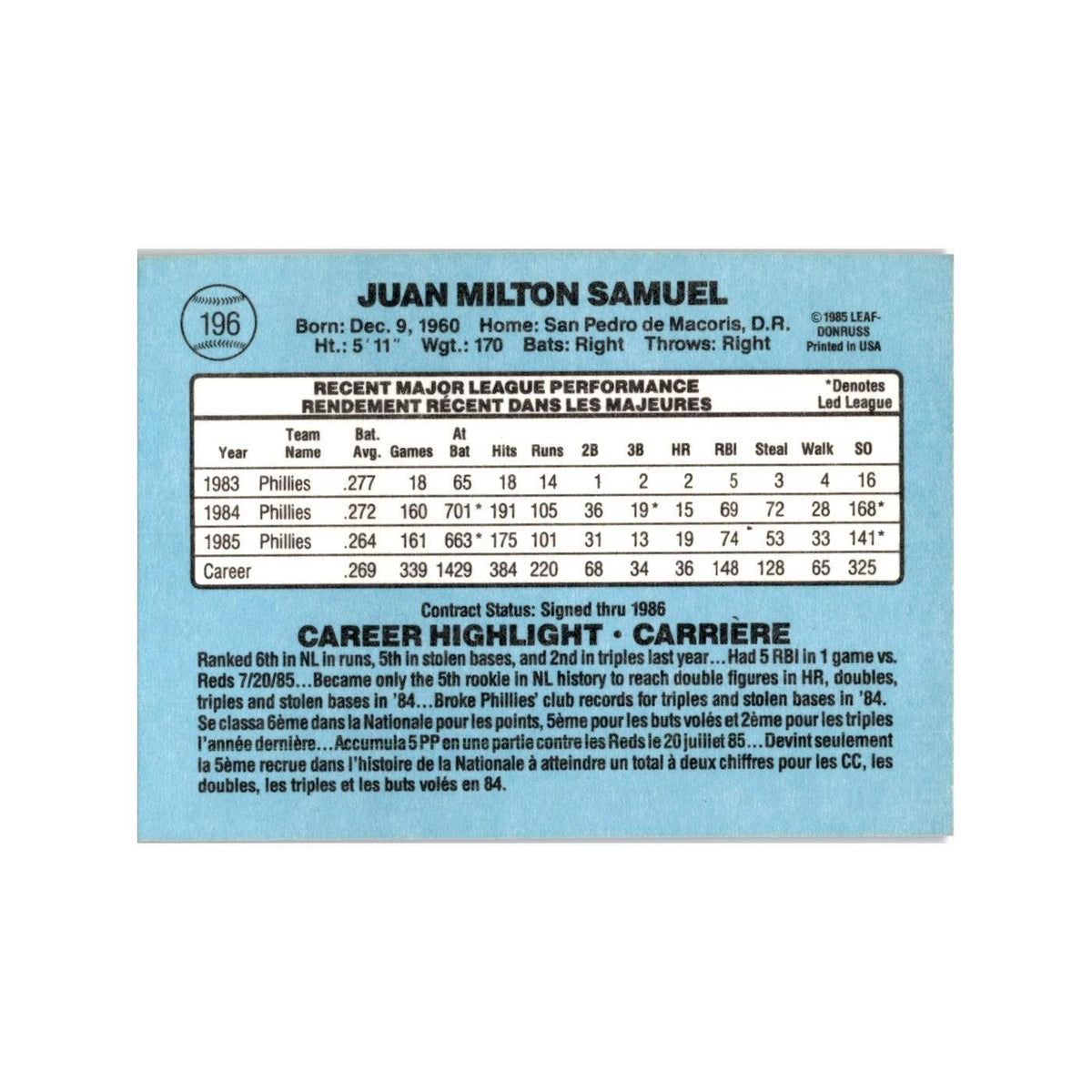 Juan Samuel 1986 Leaf #196 Philadelphia Phillies Baseball Card NM