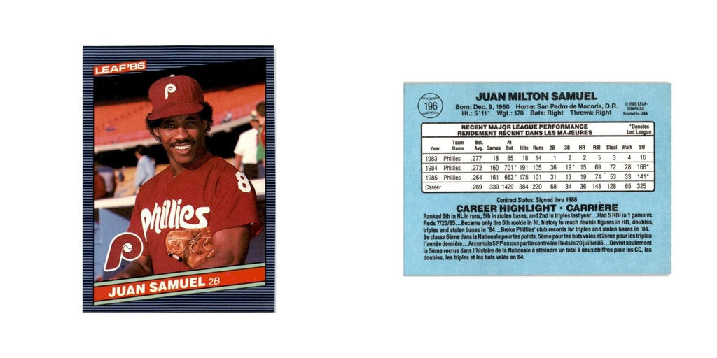 Juan Samuel 1986 Leaf #196 Philadelphia Phillies Baseball Card NM