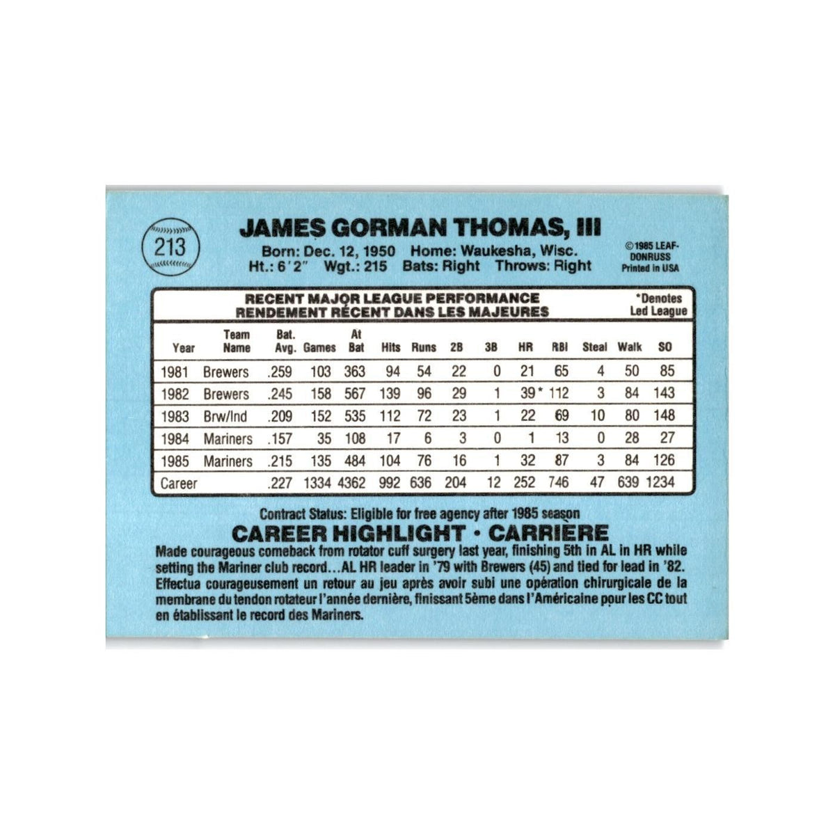 Gorman Thomas 1986 Leaf #213 Seattle Mariners Baseball Card NM