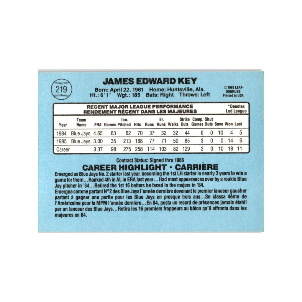 Jimmy Key 1986 Leaf #219 Toronto Blue Jays Baseball Card NM