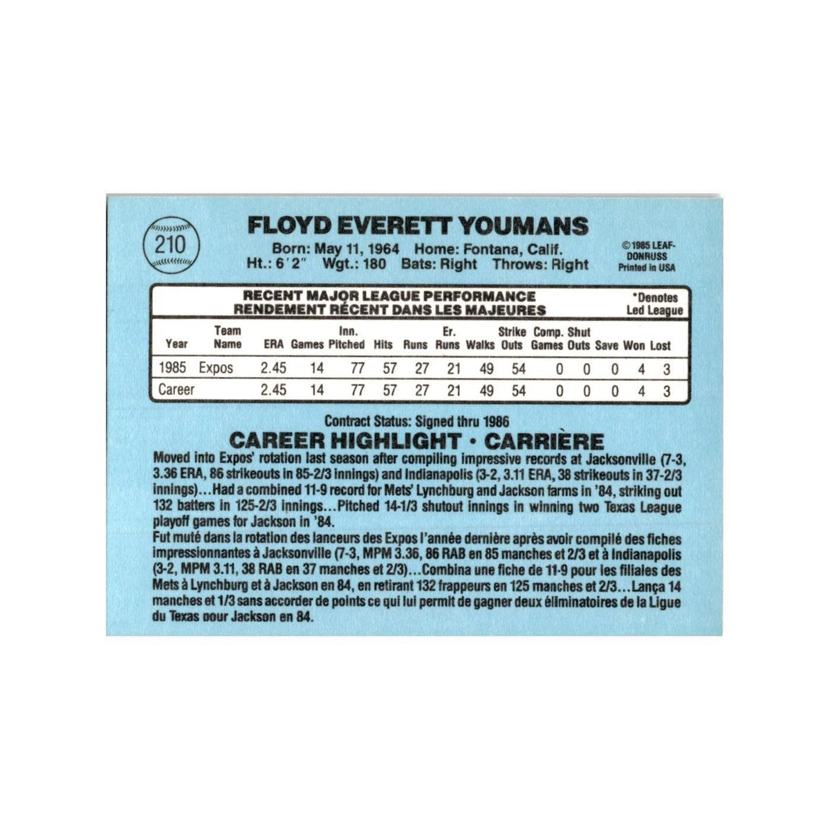 Floyd Youmans Rookie 1986 Leaf #210 Montreal Expos Baseball Card NM